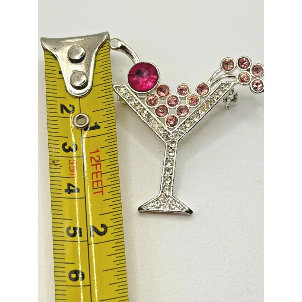 Pink Cherry Martini Glass Silver and Crystal‎ Brooch